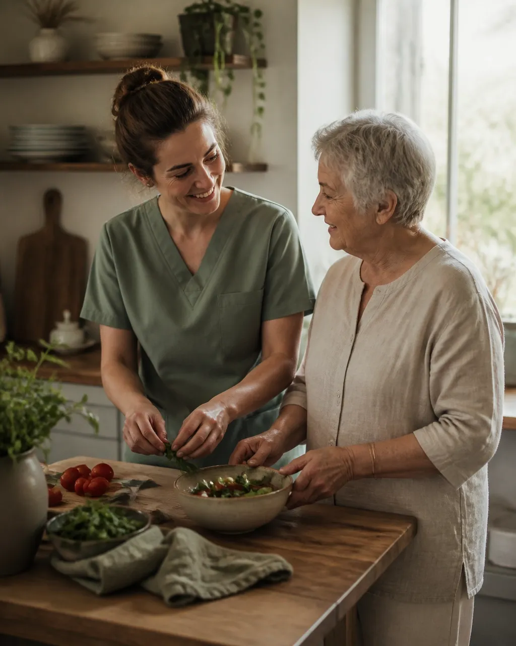 Caregiver and older adult preparing a meal together in a sunny kitchen