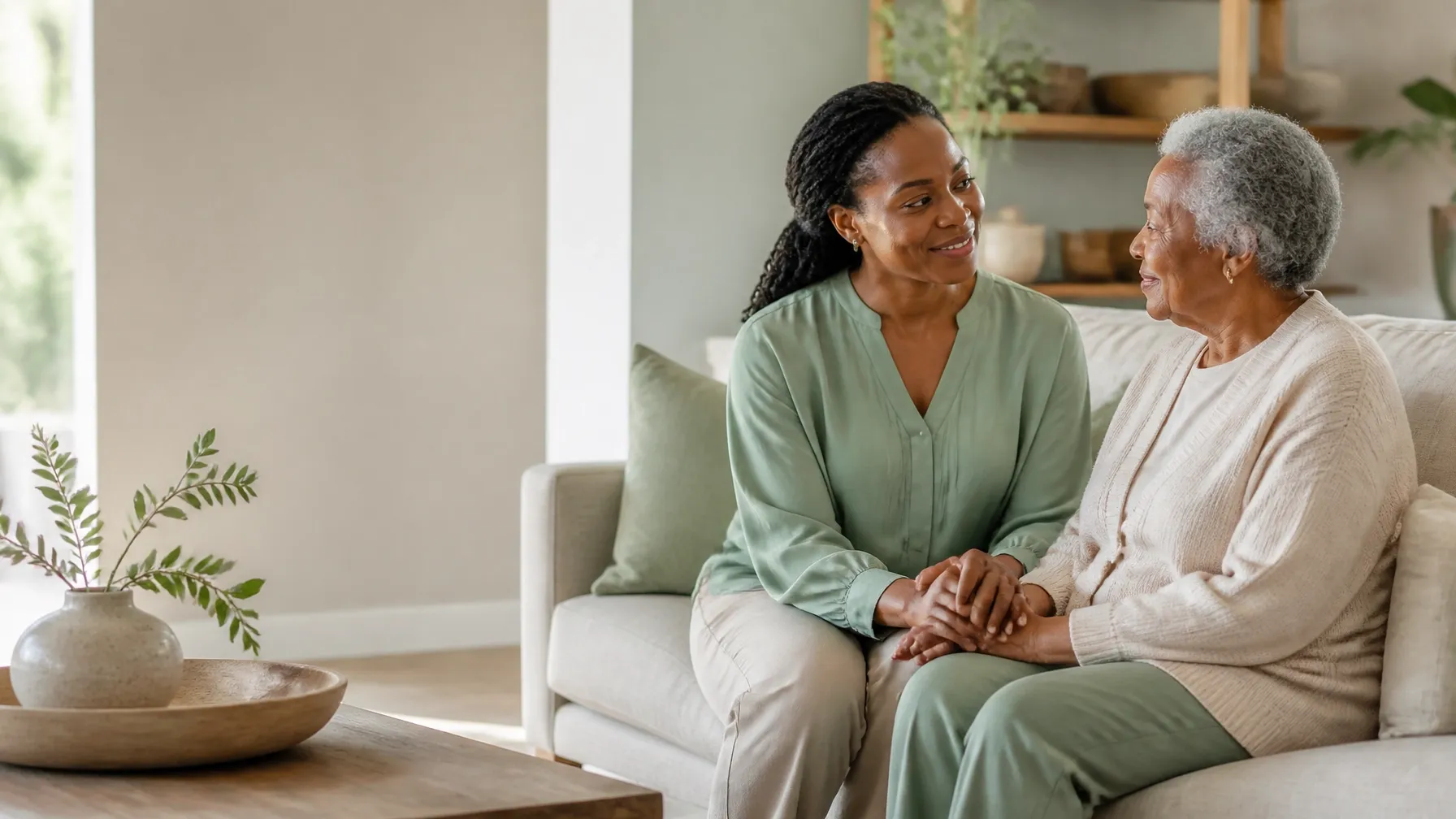 Caregiver and older adult sharing a quiet moment at home